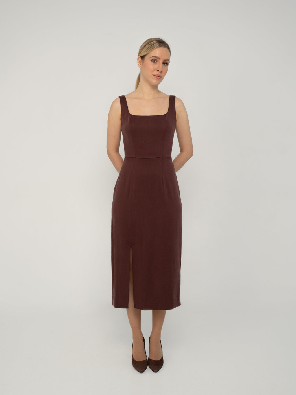 Sukienka Kwadratowy Dekolt Midi