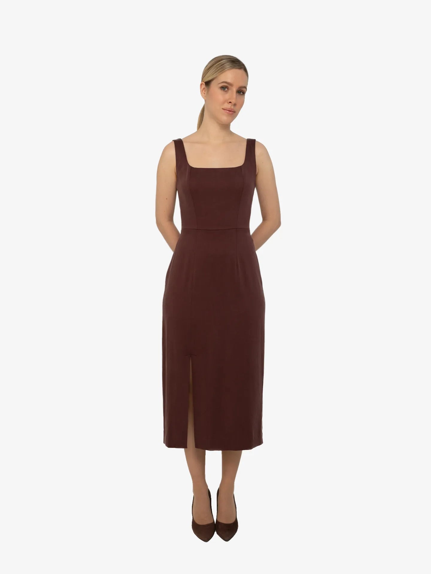 Sukienka Kwadratowy Dekolt Midi Bordowa