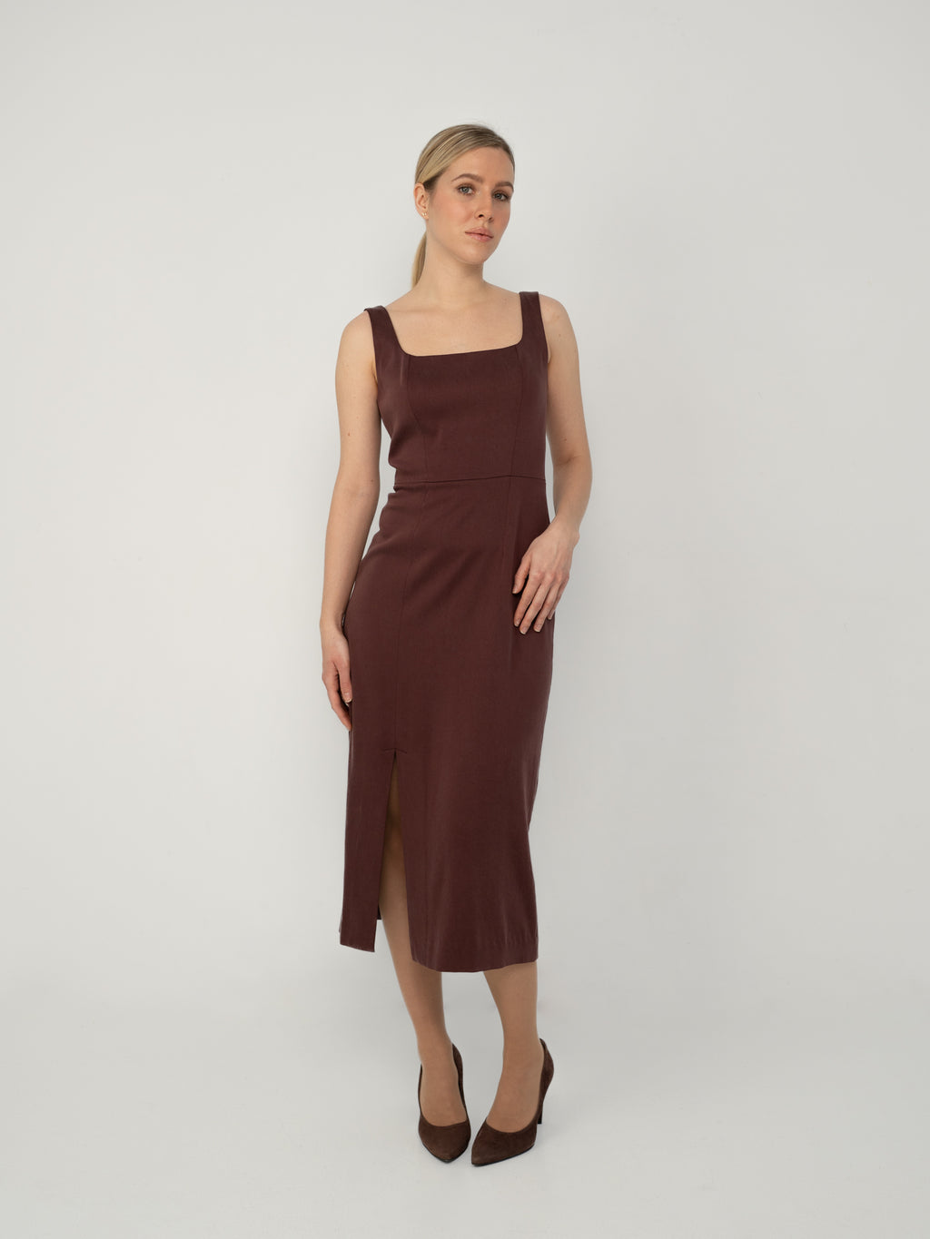 Sukienka Kwadratowy Dekolt Midi