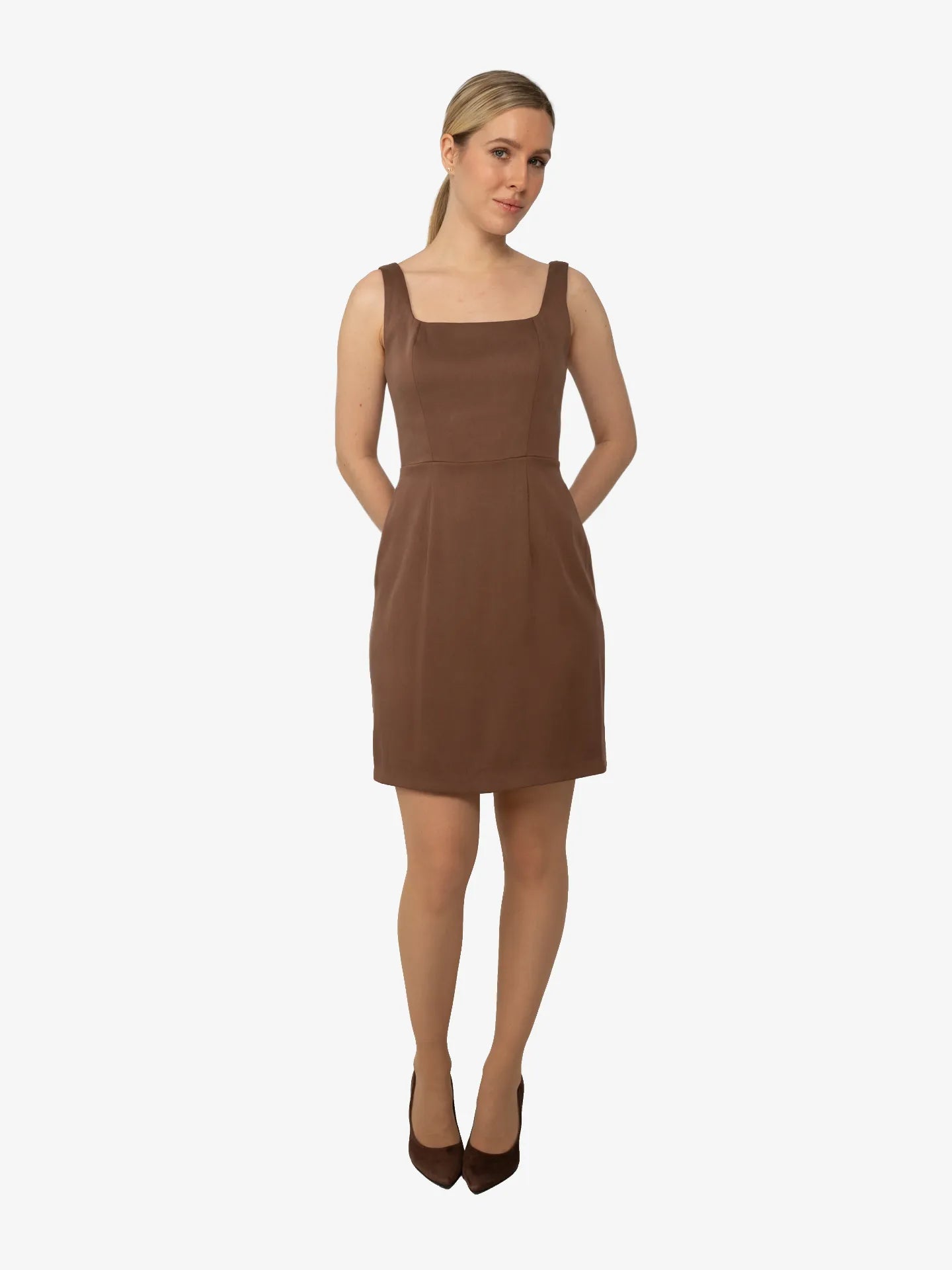 Sukienka Kwadratowy Dekolt Mini Brązowa